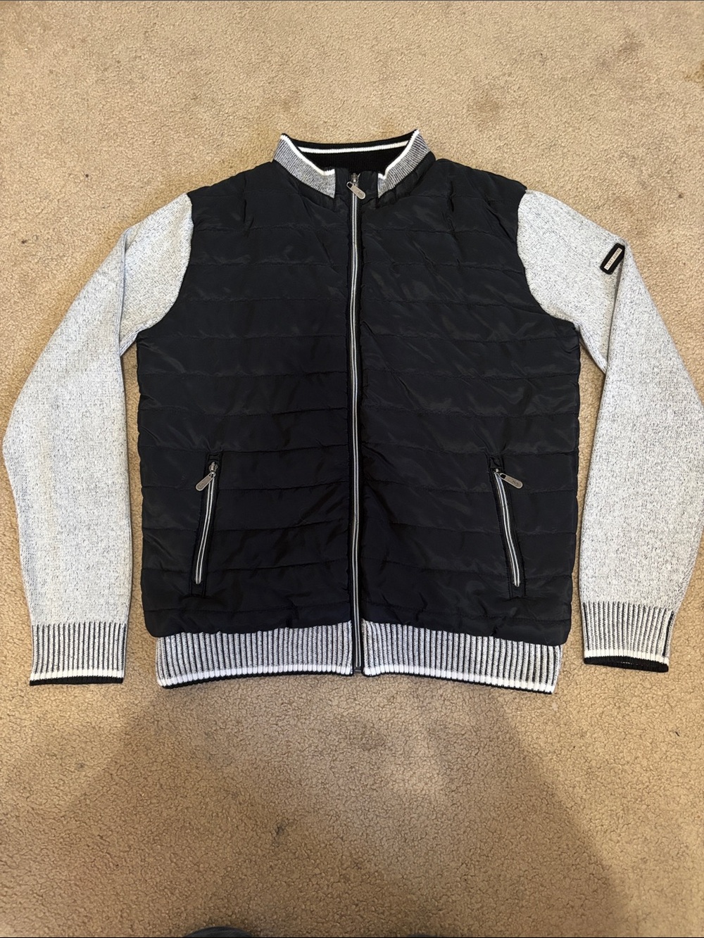 Men's Quilted Black Front Sweater Jacket with Grey Sleeves